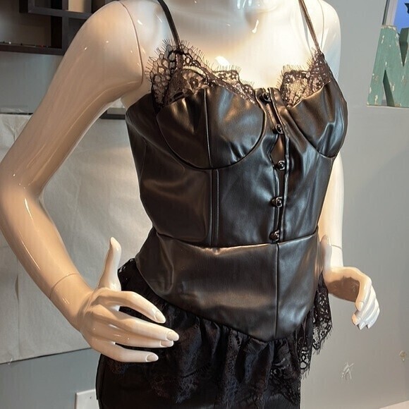 Faux Leather with ruffle lace Trim Top Black Size M Ref100 - Picture 5 of 8